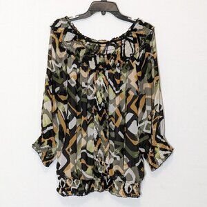 Women's UNIQUE SPECTRUM, Black/Green Chiffon Tunic w Smocking; Size 3X